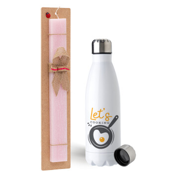 Let's cooking, Easter Set, metallic stainless steel water bottle (750ml) & scented flat Easter candle (30cm) (PINK)