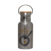 Stainless steel metallic thermos flask, silver with a bamboo lid, double-walled, 350ml.