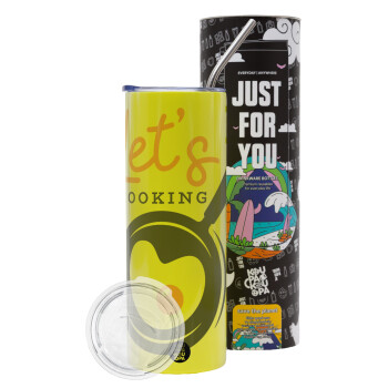 Let's cooking, Neon Yellow Travel Tumbler θερμό, μεταλλικό καλαμάκι(Ανωξείδωτο 304 Food grade, BPA free, 600ml)
