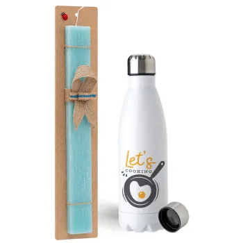 Let's cooking, Easter Set, metallic stainless steel water bottle (750ml) & aromatic flat Easter candle (30cm) (TURQUOISE)