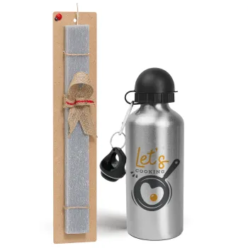 Let's cooking, Easter Set, metallic silver aluminum water bottle (500ml) & aromatic flat Easter candle (30cm) (GRAY)