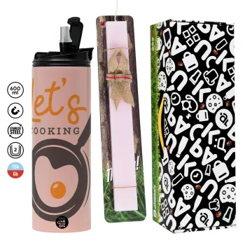 Let's cooking, Πασχαλινή Λαμπάδα με  ΡΟΖ Travel Tumbler θερμό (600ml, BPA free) & κερί αρωματικό πλακέ (30cm) (ΡΟΖ)