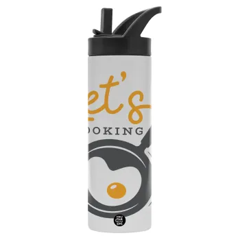 Let's cooking, Μεταλλικό παγούρι θερμός με καλαμάκι & χειρολαβή, ανοξείδωτο ατσάλι (Stainless steel 304), διπλού τοιχώματος, 600ml