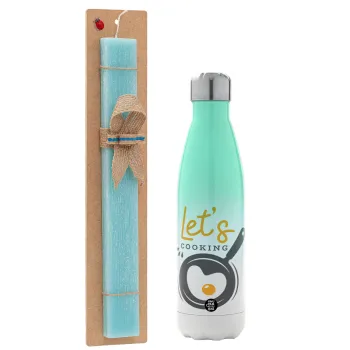Let's cooking, Easter Set, Metallic green/white thermos (Stainless steel), double-walled, 500ml & scented flat Easter candle (30cm) (TURQUOISE)
