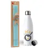 Easter Set, metallic stainless steel water bottle (750ml) & aromatic flat Easter candle (30cm) (TURQUOISE)