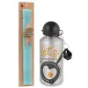 Easter Set, metallic silver aluminum water bottle (500ml) & scented flat Easter candle (30cm) (TURQUOISE)