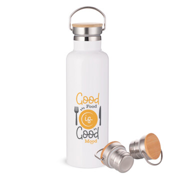 Good food, Good mood. , Stainless steel White with wooden lid (bamboo), double wall, 750ml