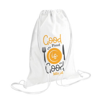 Good food, Good mood. , Τσάντα πλάτης πουγκί GYMBAG λευκή (28x40cm)