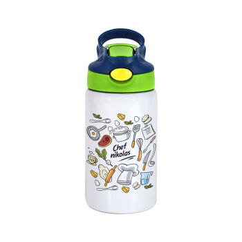Chef με όνομα, Children's hot water bottle, stainless steel, with safety straw, green, blue (350ml)
