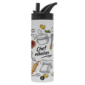 Chef με όνομα, Metallic thermos bottle with straw & handle, stainless steel (Stainless steel 304), double-walled, 600ml.