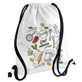 Chef με όνομα, Τσάντα πλάτης πουγκί GYMBAG λευκή, με τσέπη (40x48cm) & χονδρά κορδόνια