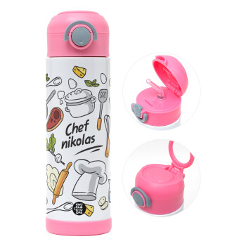 Chef με όνομα, Children's hot water bottle, stainless steel, with safety straw, PINK (500ml)