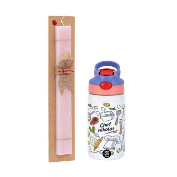 Chef με όνομα, Easter Set, Children's thermal stainless steel water bottle with safety straw, pink/purple (350ml) & Easter scented flat candle (30cm) (PINK)
