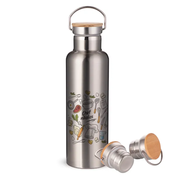 Chef με όνομα — Μεταλλικό παγούρι θερμός (Stainless steel) Ασημένιο με ξύλινο καπακι (bamboo), διπλού τοιχώματος, 750ml