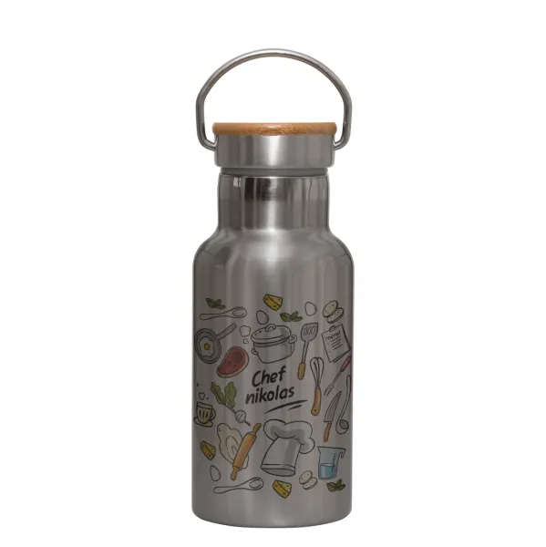 Chef με όνομα — Stainless steel metallic thermos flask, silver with a bamboo lid, double-walled, 350ml.