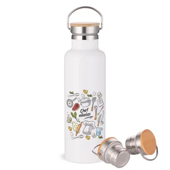 Chef με όνομα, Stainless steel White with wooden lid (bamboo), double wall, 750ml