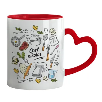 Chef με όνομα, Mug heart red handle, ceramic, 330ml