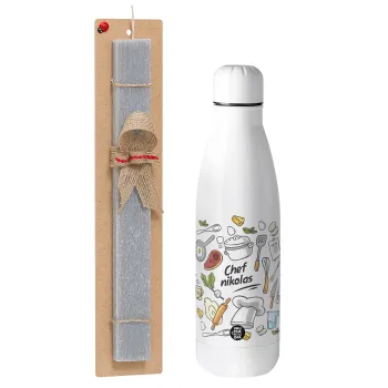 Chef με όνομα, Easter Set, metallic stainless thermos bottle (500ml) & scented flat Easter candle (30cm) (GRAY)