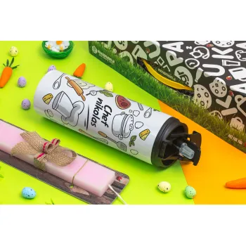 Chef με όνομα, Easter candle,Travel Tumbler 2 Lids, with metal straw & cleaning brush & aromatic flat candle (30cm) (PINK)