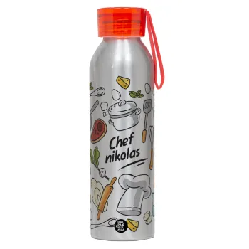 Chef με όνομα, Αλουμινένιο Αθλητικό Μπουκάλι 650ml – Ασημί με Κόκκινο Καπάκι και Λουράκι Σιλικόνης