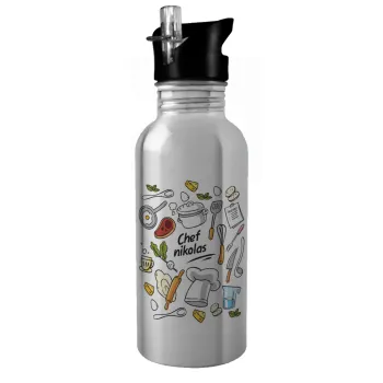 Chef με όνομα, Water bottle Silver with straw, stainless steel 600ml