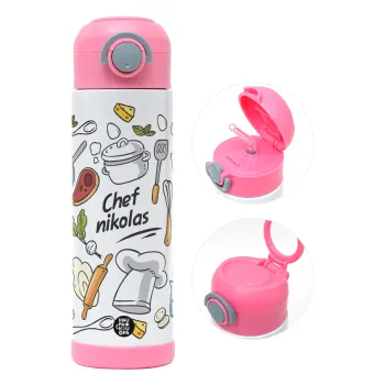 Chef με όνομα, Children's hot water bottle, stainless steel, with safety straw, PINK (500ml)