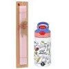 Easter Set, Children's thermal stainless steel water bottle with safety straw, pink/purple (350ml) & Easter scented flat candle (30cm) (PINK)