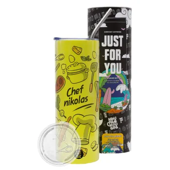 Chef με όνομα, Neon Yellow Travel Tumbler θερμό, μεταλλικό καλαμάκι(Ανωξείδωτο 304 Food grade, BPA free, 600ml)