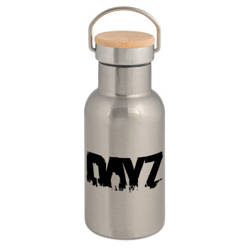 DayZ, Stainless steel metallic thermos flask, silver with a bamboo lid, double-walled, 350ml.