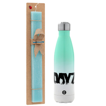 DayZ, Easter Set, Metallic green/white thermos (Stainless steel), double-walled, 500ml & scented flat Easter candle (30cm) (TURQUOISE)