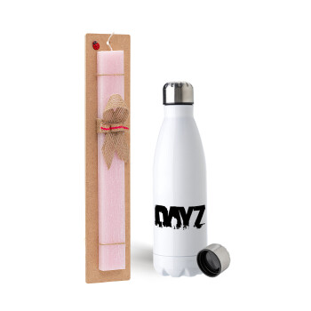 DayZ, Easter Set, metallic stainless steel water bottle (750ml) & scented flat Easter candle (30cm) (PINK)