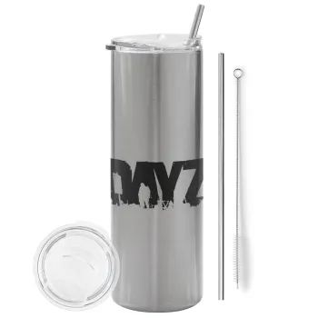 DayZ, Tumbler ποτήρι θερμό Ασημένιο από ανοξείδωτο ατσάλι 600ml, με μεταλλικό καλαμάκι & βούρτσα καθαρισμού