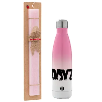 DayZ, Easter Set, Metallic pink/white (Stainless steel) thermos, double-walled, 500ml & aromatic flat Easter candle (30cm) (PINK)