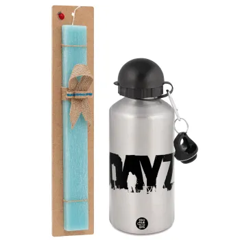DayZ, Easter Set, metallic silver aluminum water bottle (500ml) & scented flat Easter candle (30cm) (TURQUOISE)