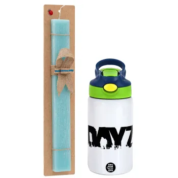 DayZ, Easter Set, Children's thermal stainless steel bottle with safety straw, green/blue (350ml) & aromatic flat Easter candle (30cm) (TURQUOISE)