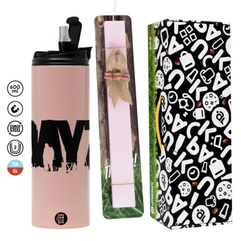 DayZ, Easter candle,Travel Tumbler 2 Lids, with metal straw & cleaning brush & aromatic flat candle (30cm) (PINK)