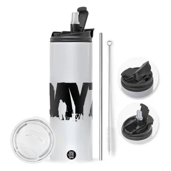 DayZ, Travel Tumbler θερμό με διπλό καπάκι, μεταλλικό καλαμάκι και βούρτσα καθαρισμού (Ανωξείδωτο 304 Food grade, BPA free, 600ml)