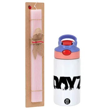DayZ, Easter Set, Children's thermal stainless steel water bottle with safety straw, pink/purple (350ml) & Easter scented flat candle (30cm) (PINK)