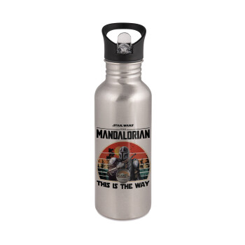 Mandalorian, Παγούρι νερού Ασημένιο με καλαμάκι, ανοξείδωτο ατσάλι 600ml