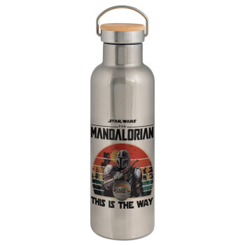 Mandalorian, Stainless steel Silver with wooden lid (bamboo), double wall, 750ml