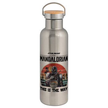Mandalorian, Μεταλλικό παγούρι θερμός (Stainless steel) Ασημένιο με ξύλινο καπακι (bamboo), διπλού τοιχώματος, 750ml