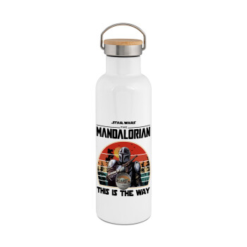 Mandalorian, Stainless steel White with wooden lid (bamboo), double wall, 750ml