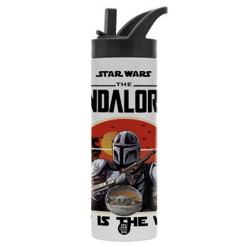 Mandalorian, Metallic thermos bottle with straw & handle, stainless steel (Stainless steel 304), double-walled, 600ml.