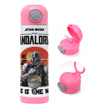 Mandalorian, Children's hot water bottle, stainless steel, with safety straw, PINK (500ml)