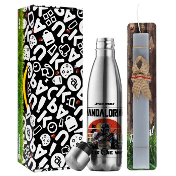Mandalorian, Easter Set, metallic stainless thermos flask (500ml) & scented flat Easter candle (30cm) (GRAY)