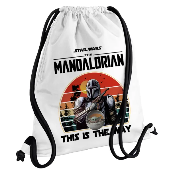 Mandalorian — Τσάντα πλάτης πουγκί GYMBAG λευκή, με τσέπη (40x48cm) & χονδρά κορδόνια