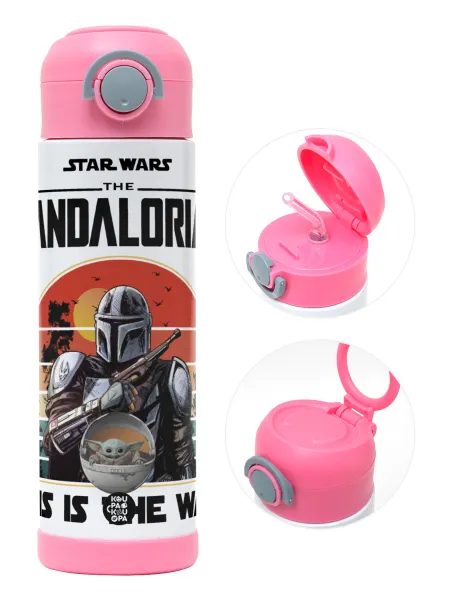 Mandalorian — Παιδικό παγούρι θερμό, ανοξείδωτο, με καλαμάκι ασφαλείας, ΡΟΖ (500ml)
