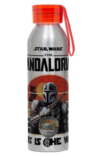 Mandalorian — Αλουμινένιο Αθλητικό Μπουκάλι 650ml – Ασημί με Κόκκινο Καπάκι και Λουράκι Σιλικόνης