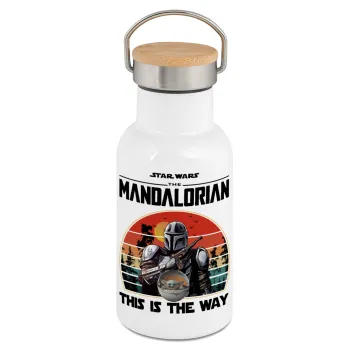 Mandalorian, Metallic thermos (Stainless steel) White with wooden lid (bamboo), double-walled, 350ml