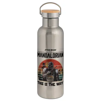 Mandalorian, Μεταλλικό παγούρι θερμός (Stainless steel) Ασημένιο με ξύλινο καπακι (bamboo), διπλού τοιχώματος, 750ml